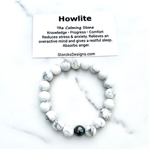 10mm Howlite Beaded Bracelet with Hematite Accent Bead
