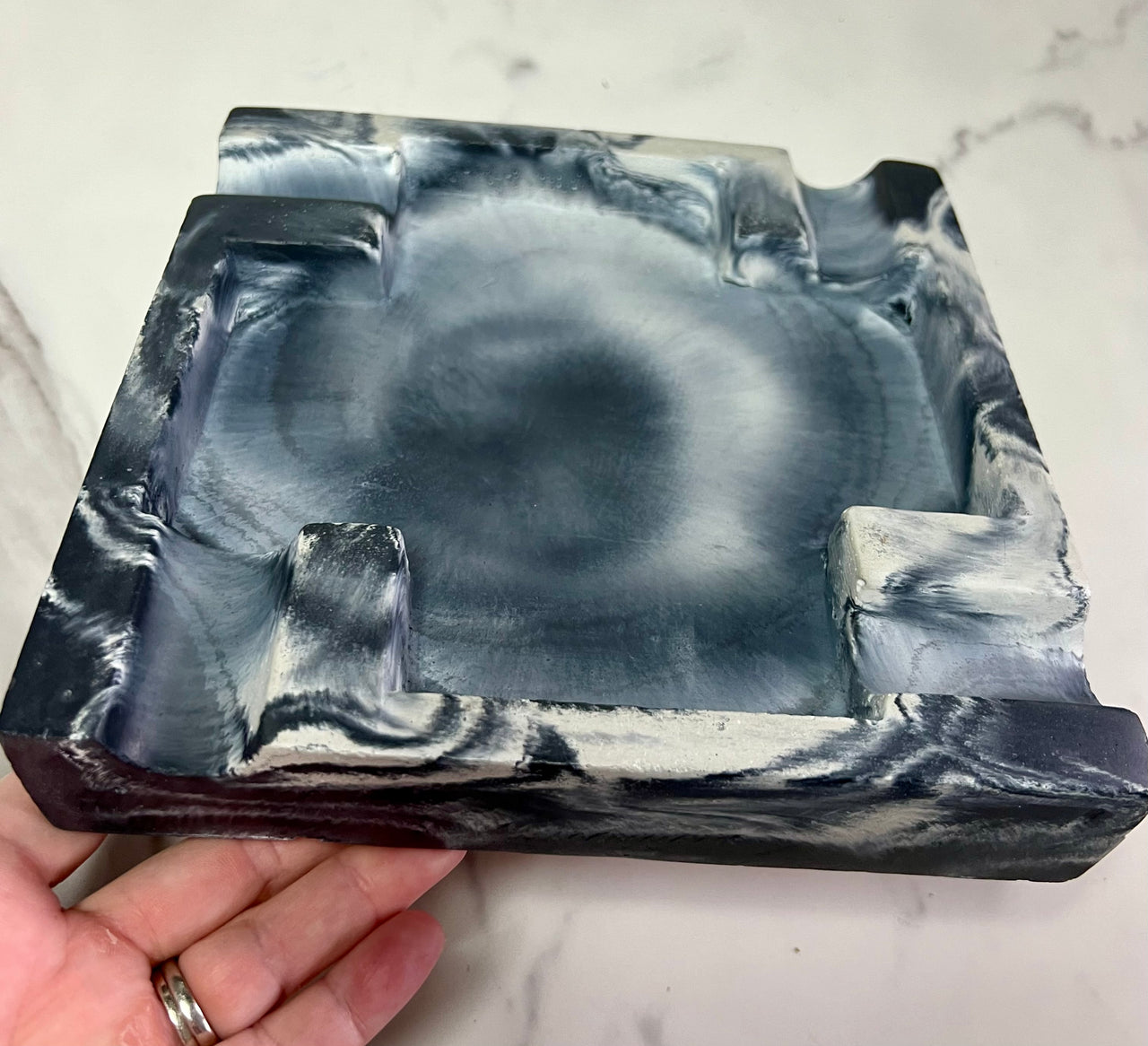 Large Concrete Black & White Marbled Cigar Ashtray - one of a kind
