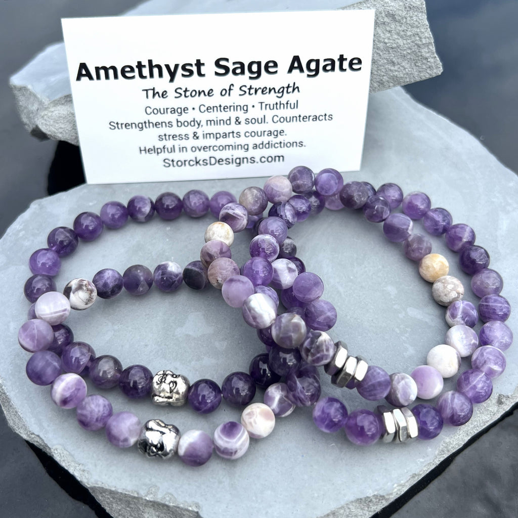 Amethyst Sage Agate 8mm Stone Beaded Bracelet