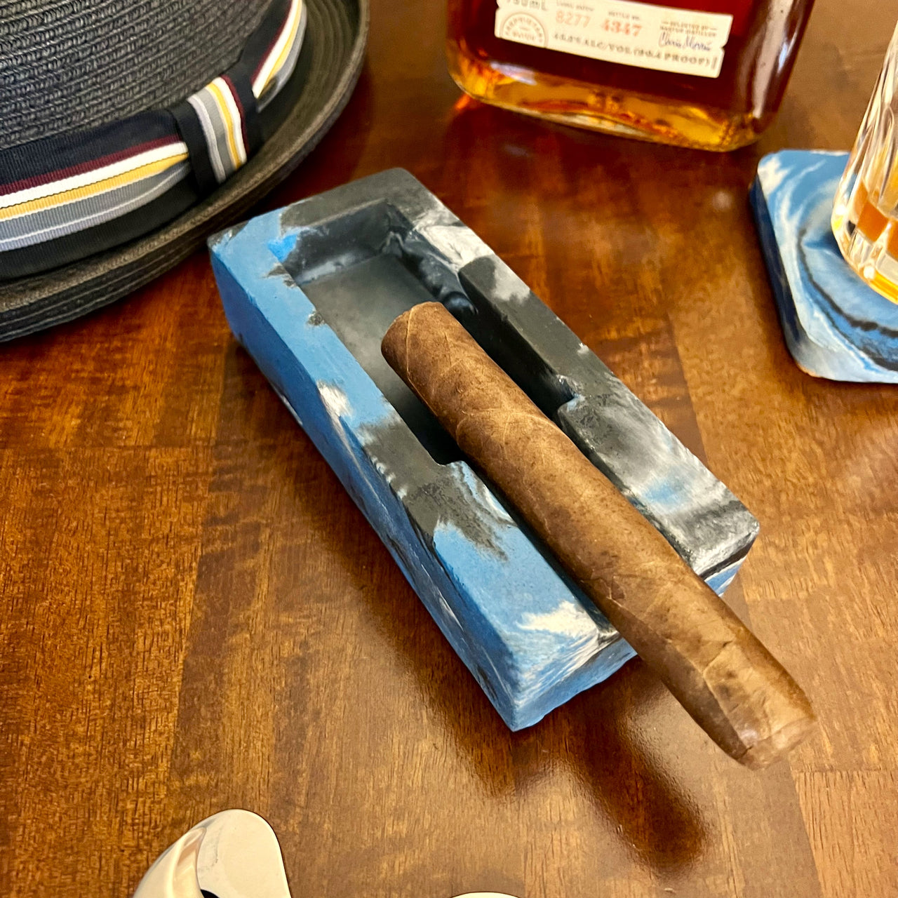 Blue Marbled Concrete Single Cigar Ashtray