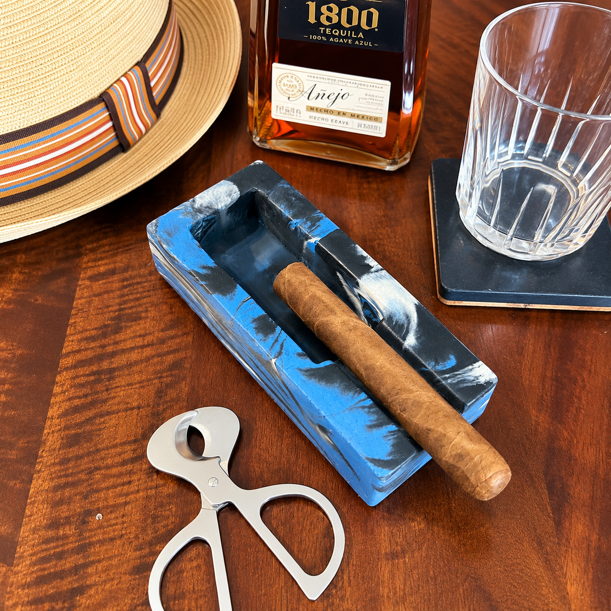 Blue Marbled Concrete Single Cigar Ashtray