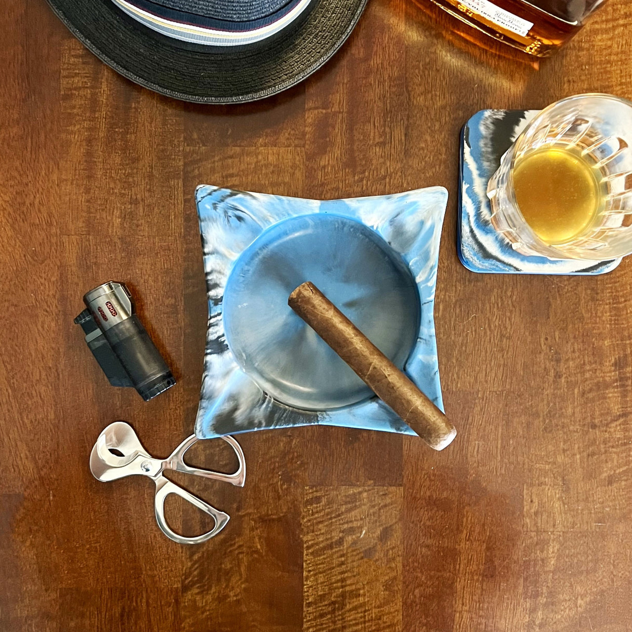 Blue Marbled Classic Square Concrete Cigar Ashtray