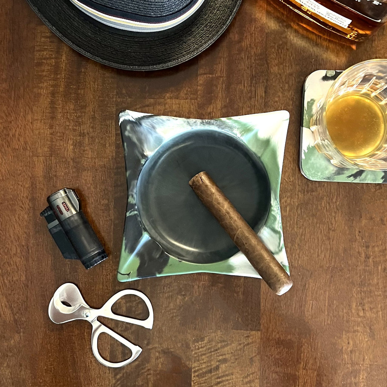 Green Marbled Classic Square Concrete Cigar Ashtray