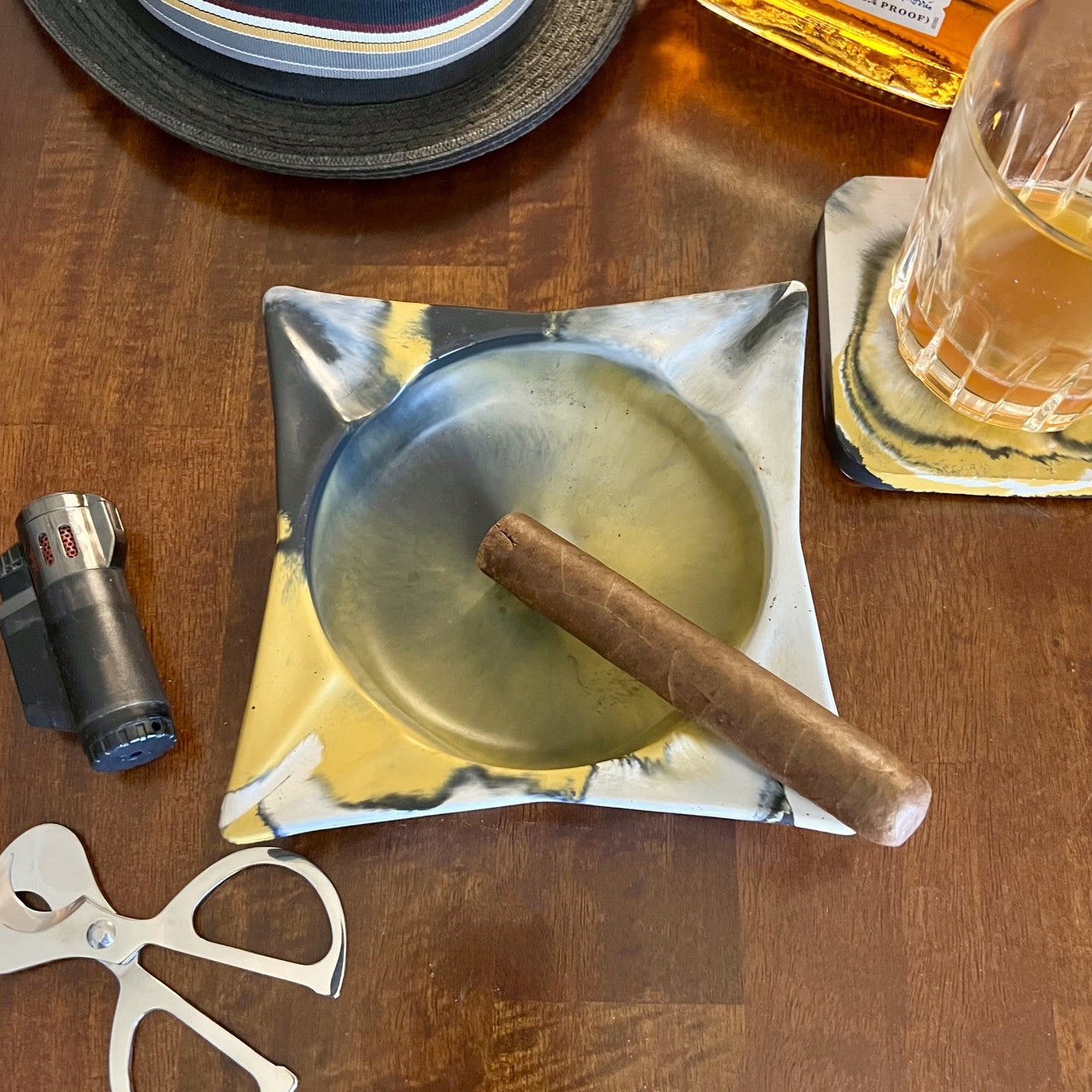 Yellow Marbled Classic Square Concrete Cigar Ashtray