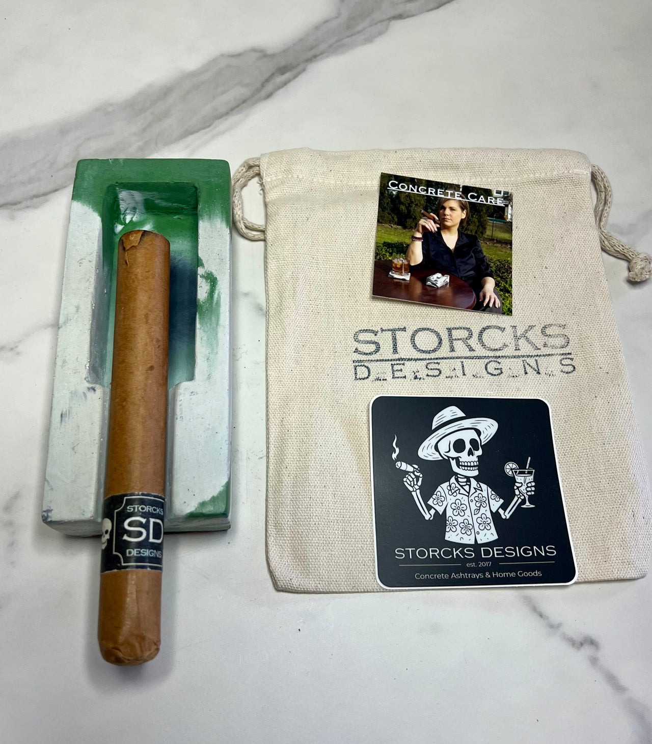 #43 Single Concrete Cigar Ashtray in green marbled with lots of white