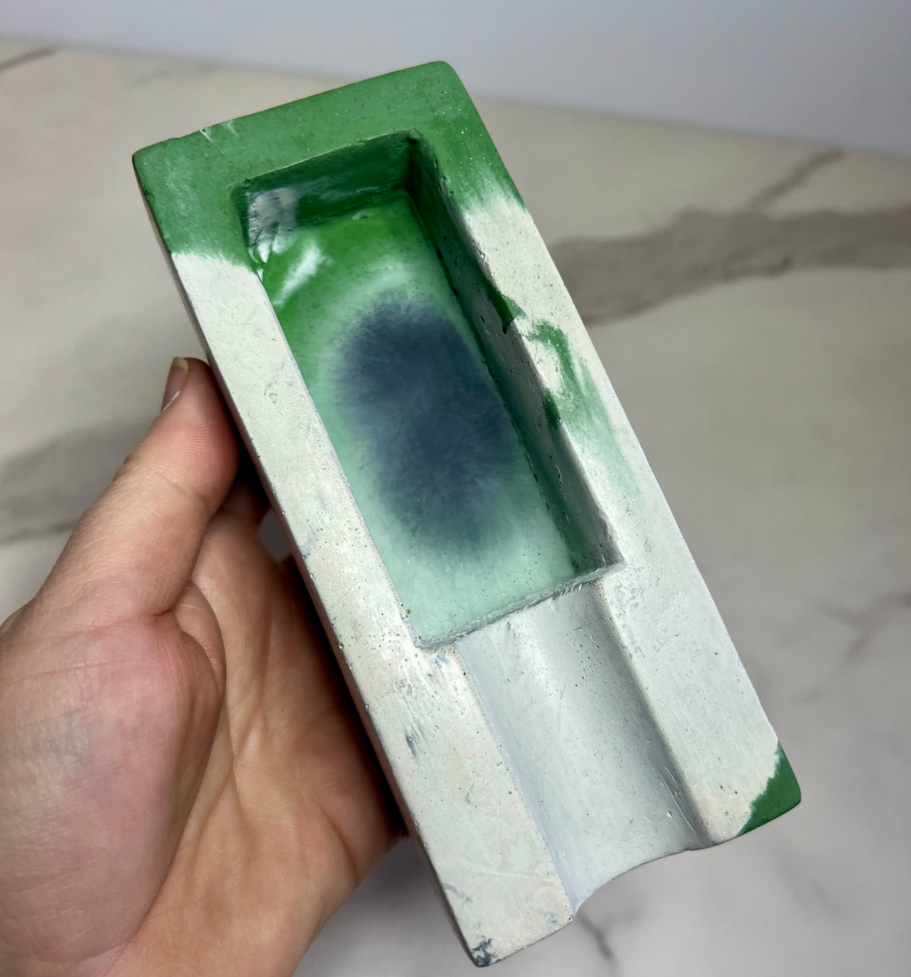#43 Single Concrete Cigar Ashtray in green marbled with lots of white