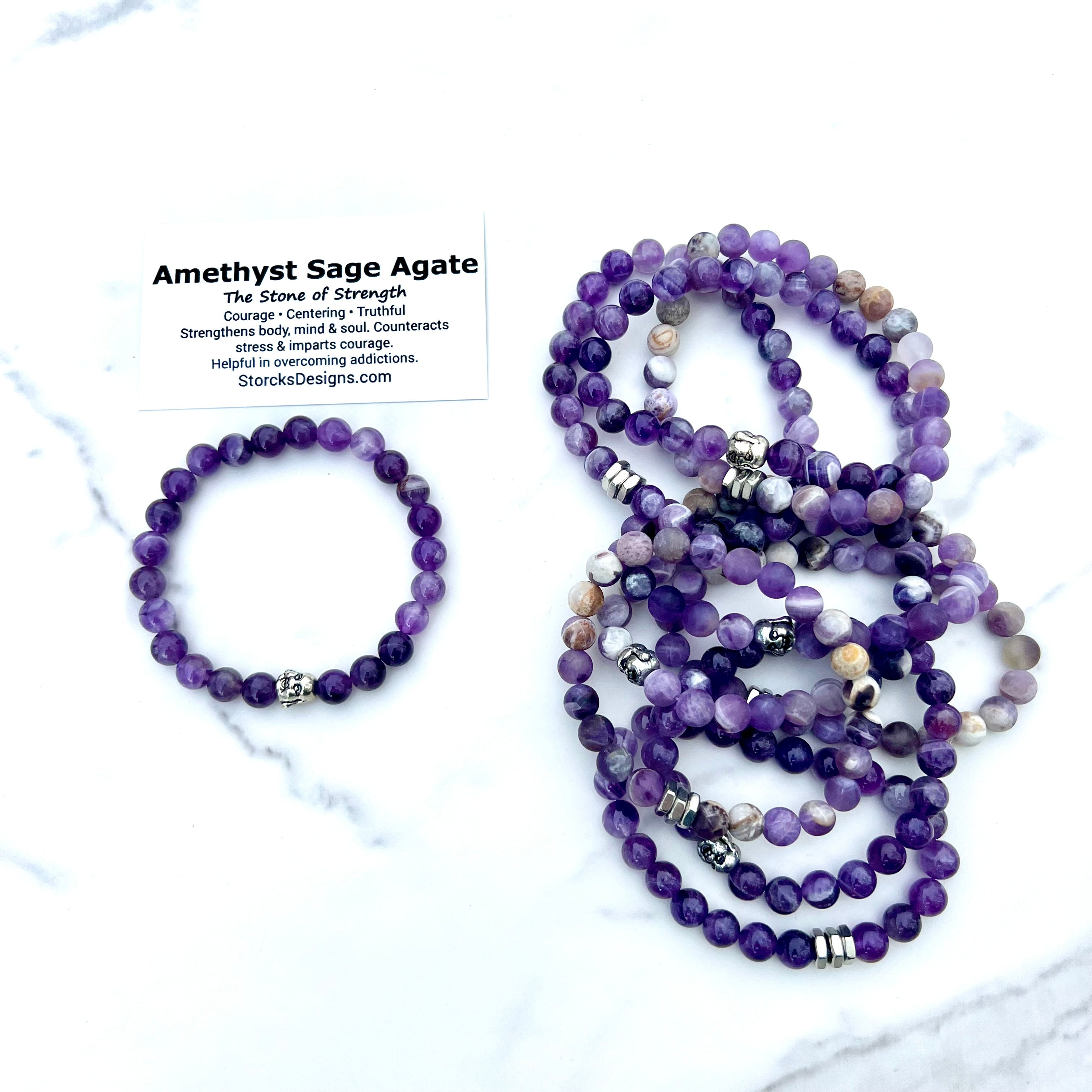 Amethyst Sage Agate 8mm Stone Beaded Bracelet