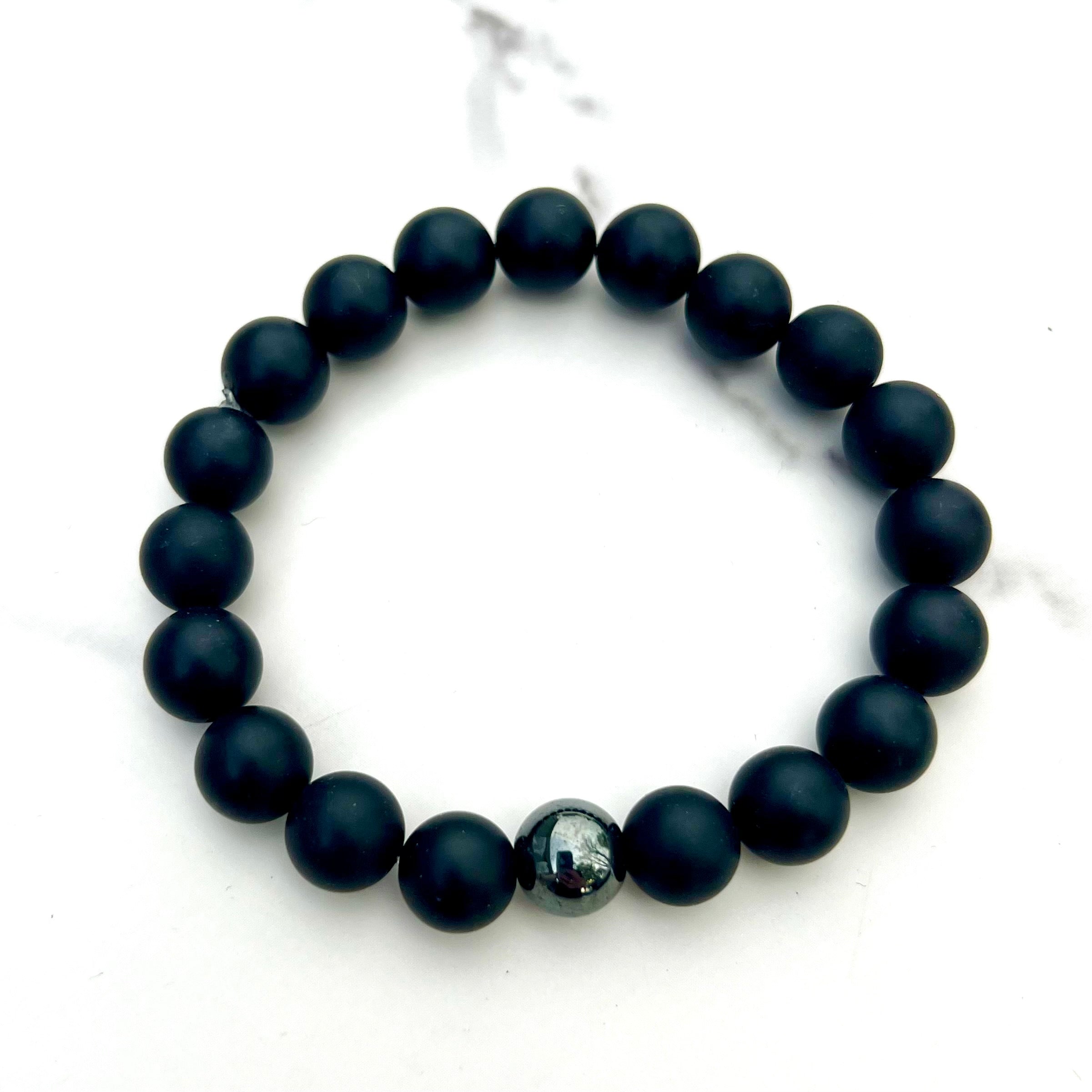 Matte Onyx 10mm Stone Beaded Bracelet with Hematite Accent Bead