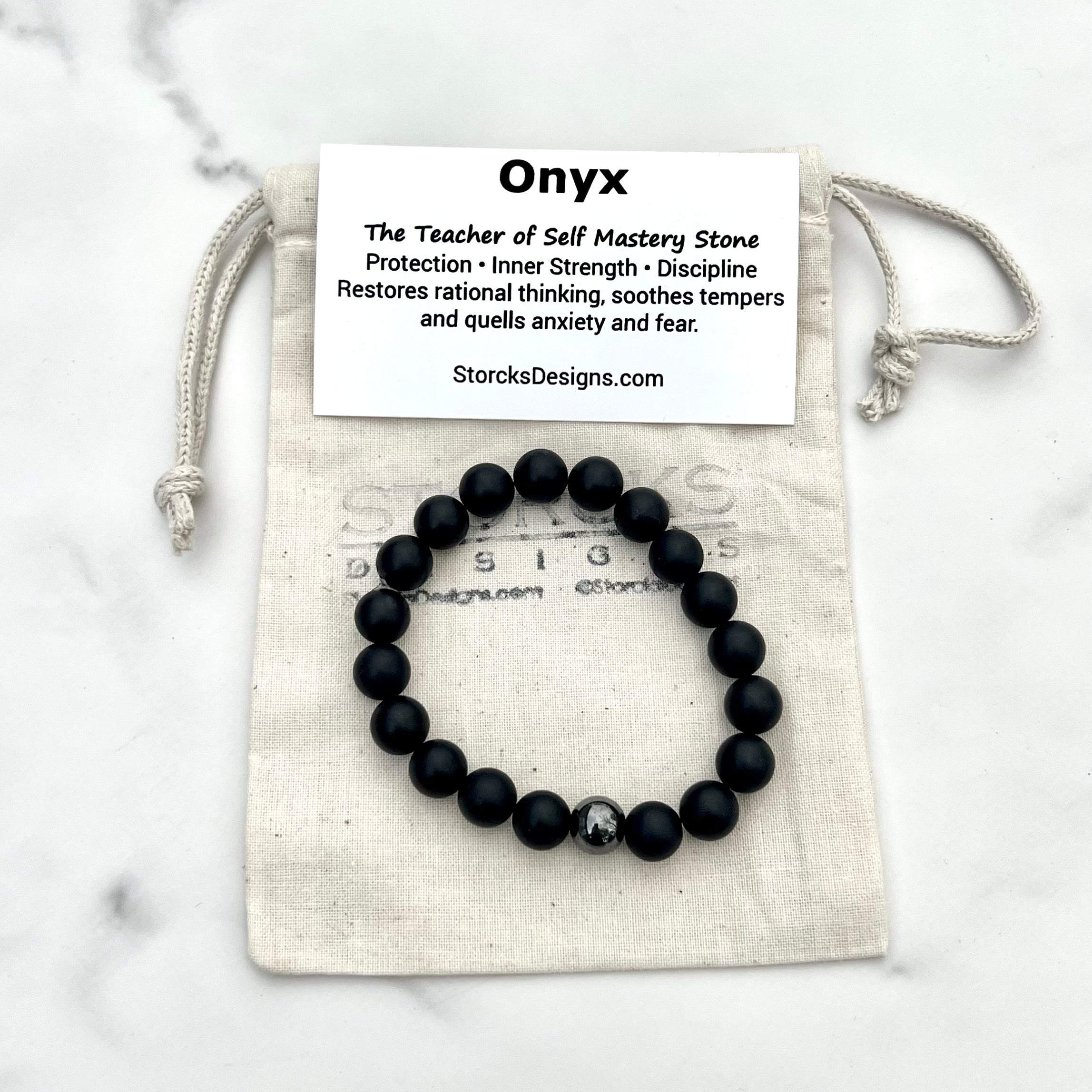 Matte Onyx 10mm Stone Beaded Bracelet with Hematite Accent Bead