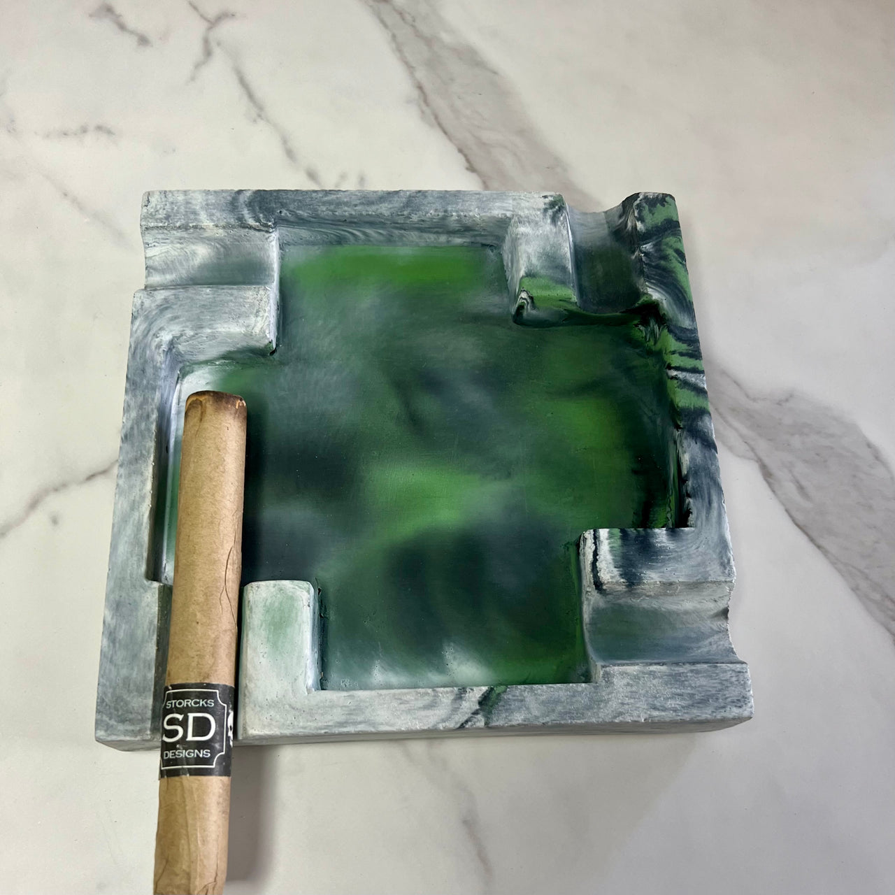 Green with lots of white and some black marbled Large Concrete Cigar Ashtray