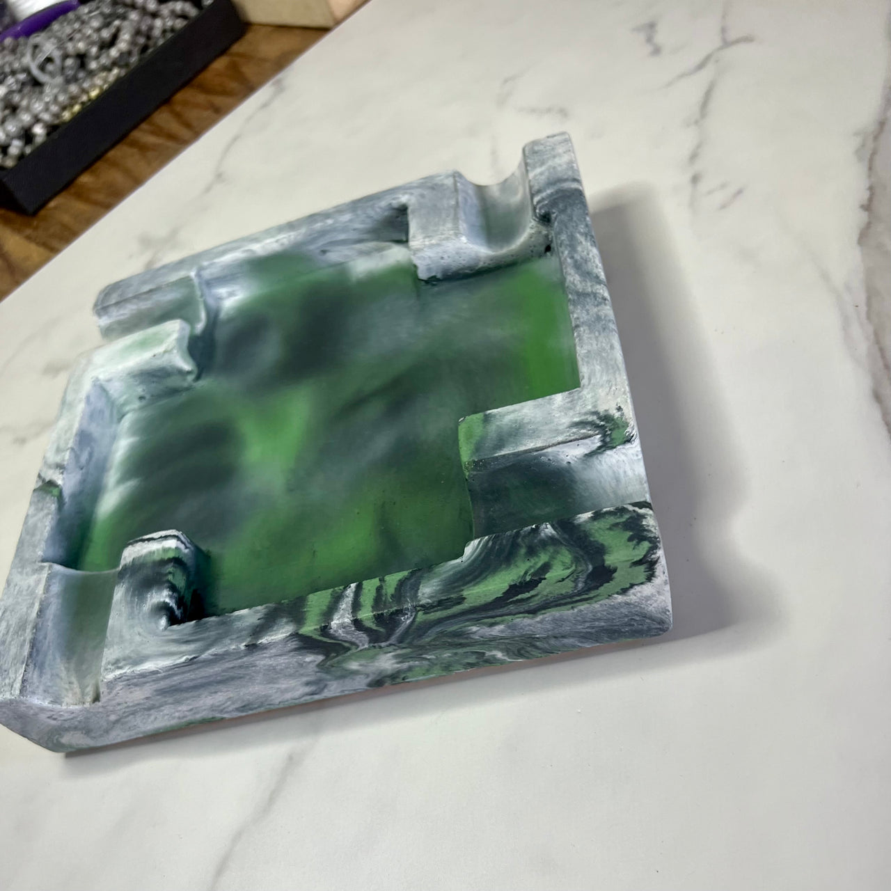 Green with lots of white and some black marbled Large Concrete Cigar Ashtray
