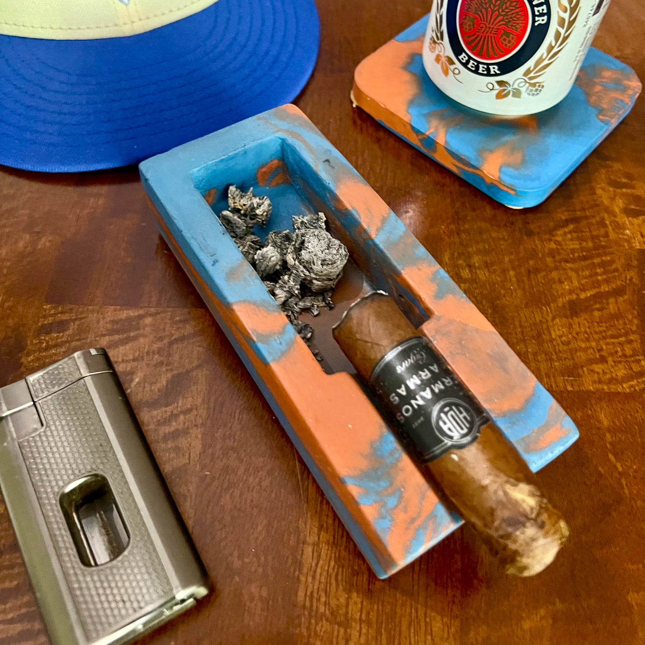 Let's Go Knicks Orange & Blue Marbled Concrete Single Cigar Ashtray