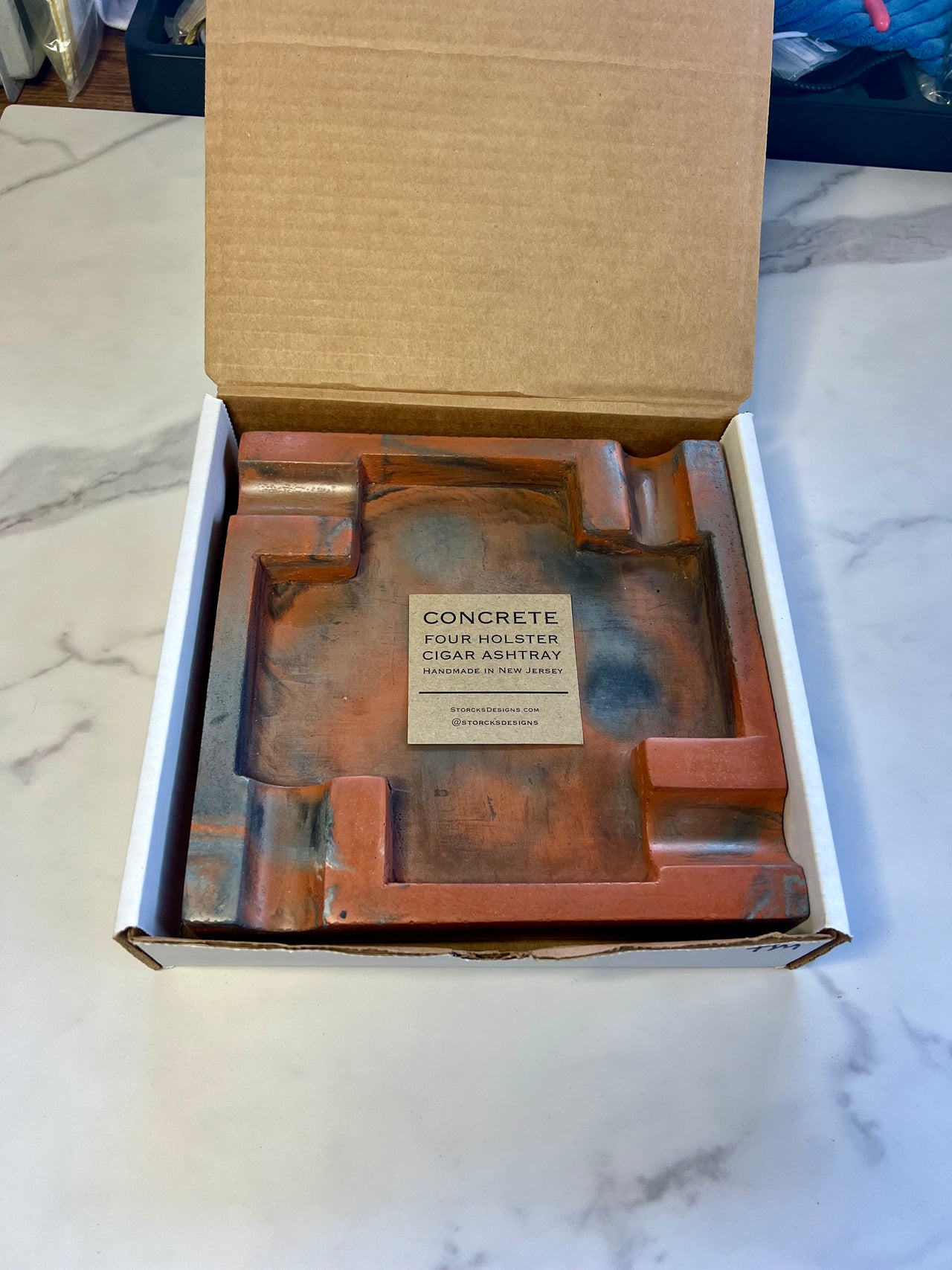 Orange-Grey Marbled Large Concrete Cigar Ashtray