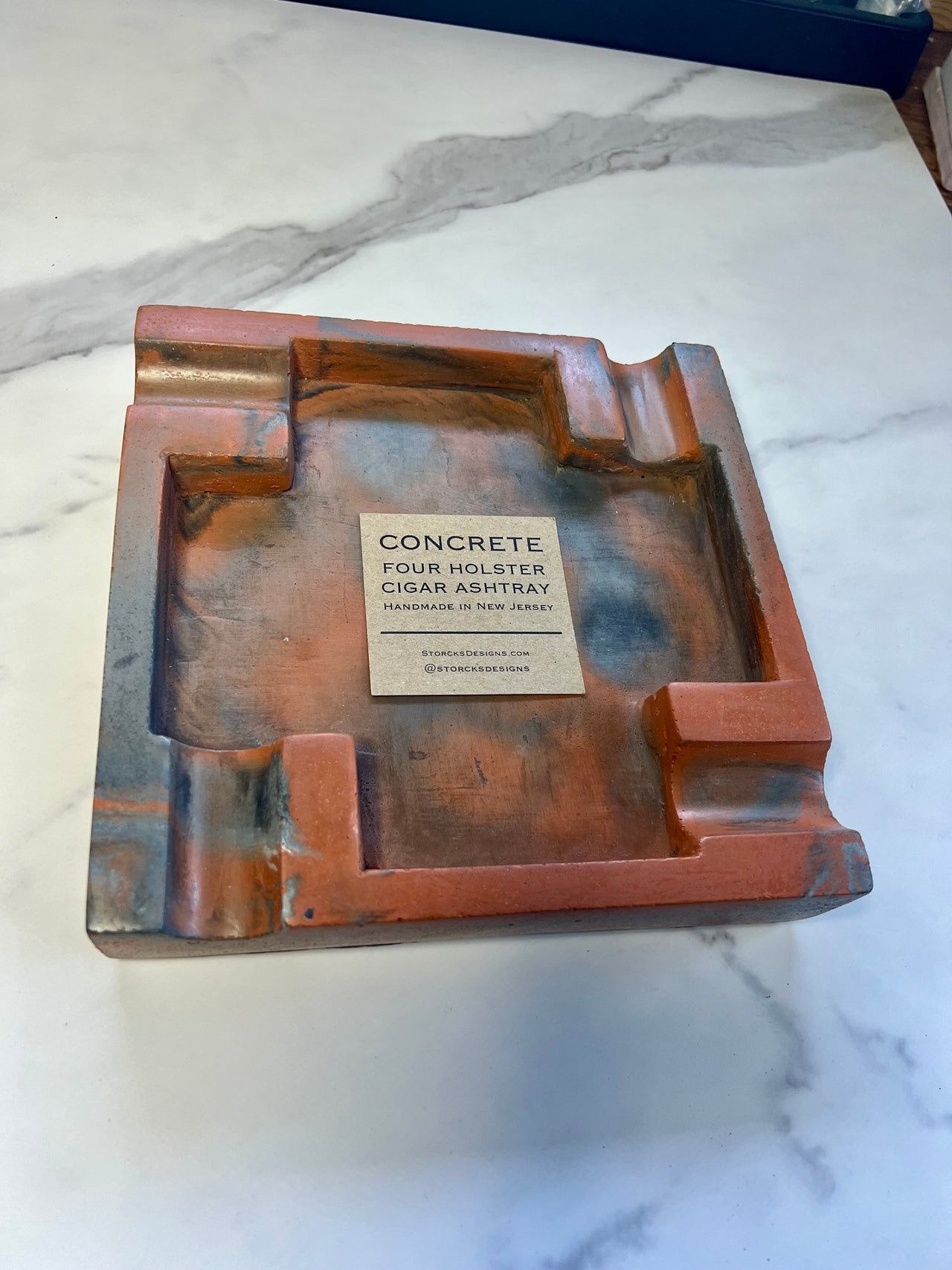 Orange-Grey Marbled Large Concrete Cigar Ashtray