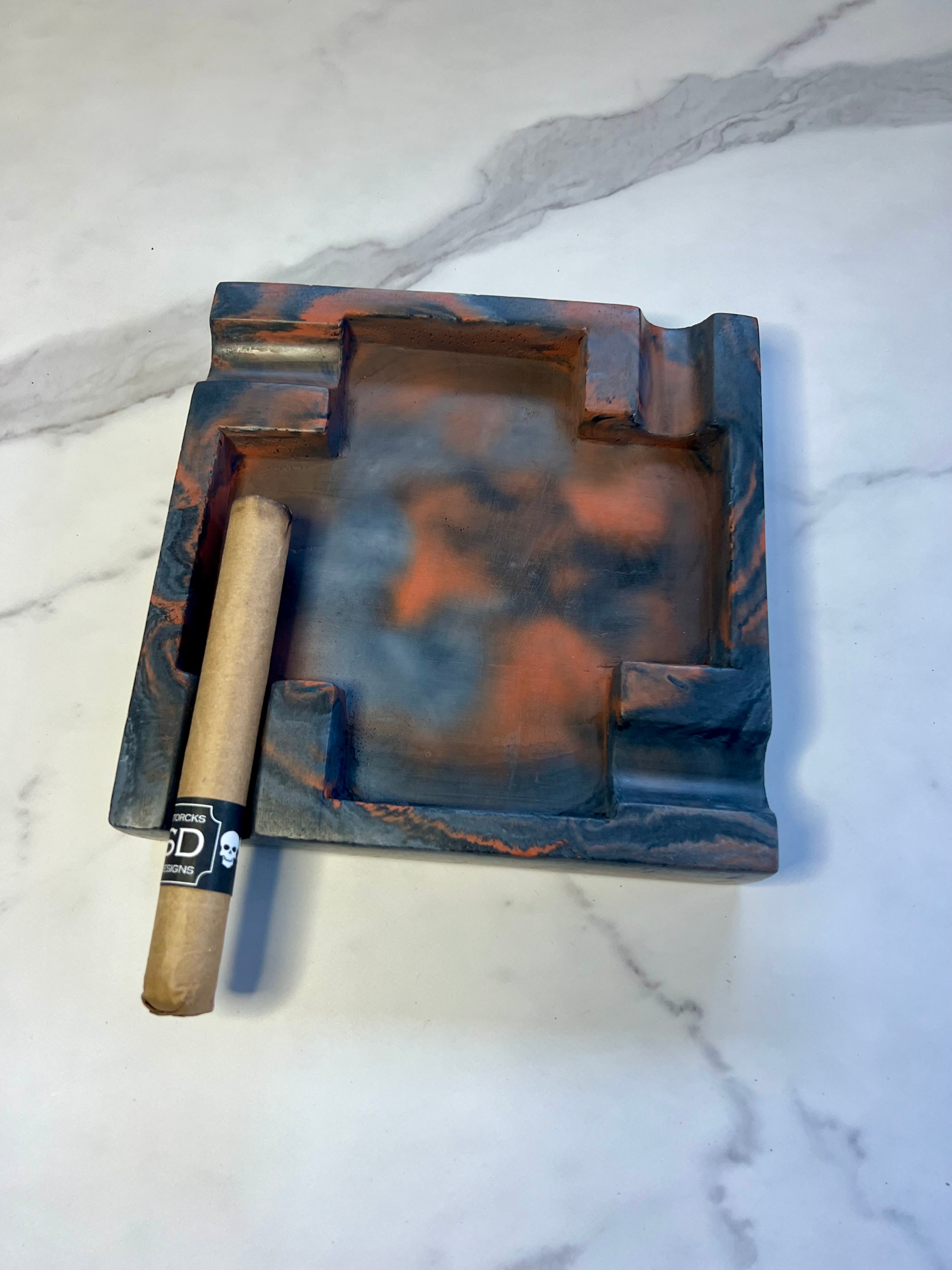Orange Black Grey Marbled Large Concrete Cigar Ashtray