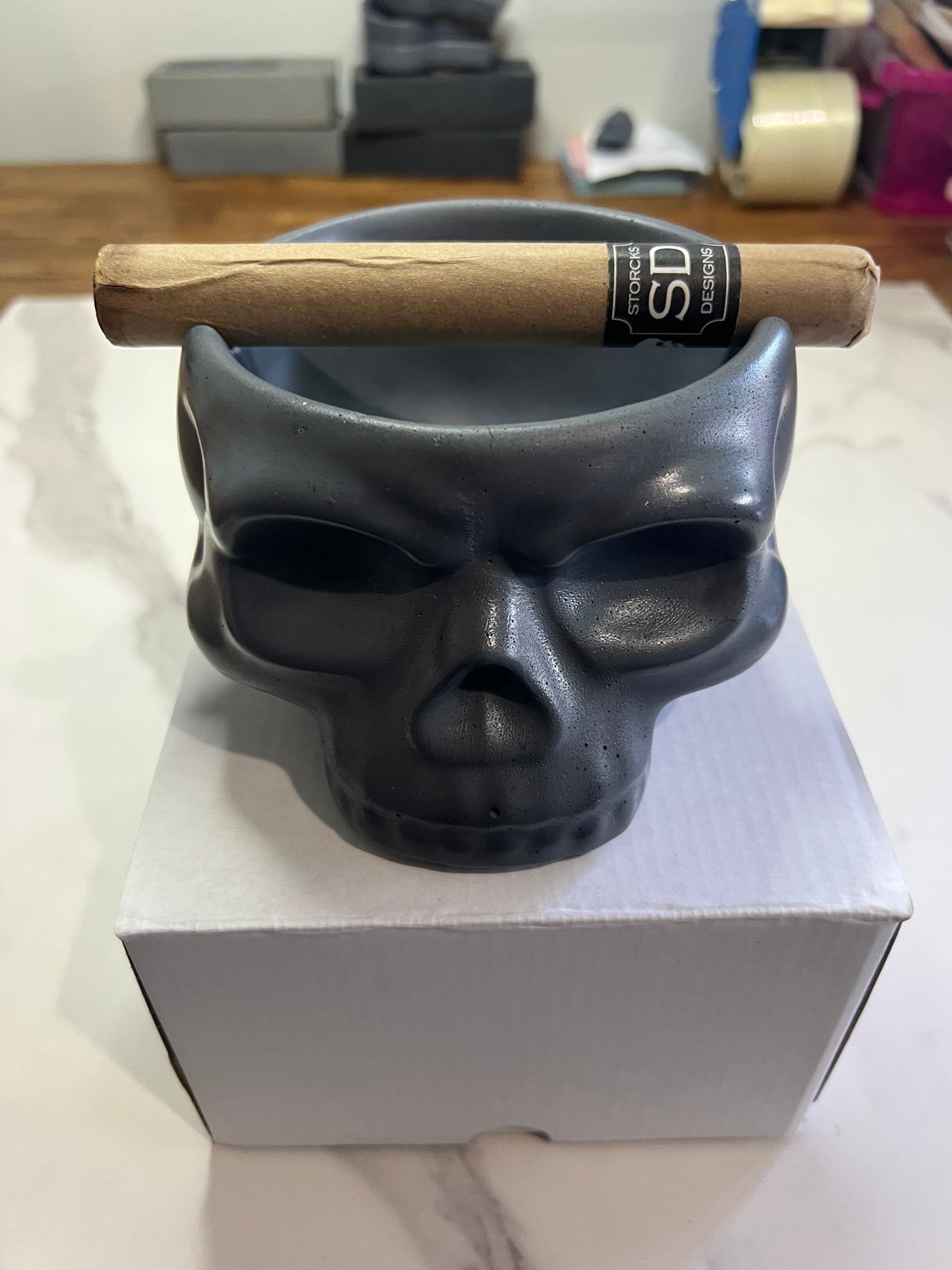 grey concrete skull cigar ashtray bowl