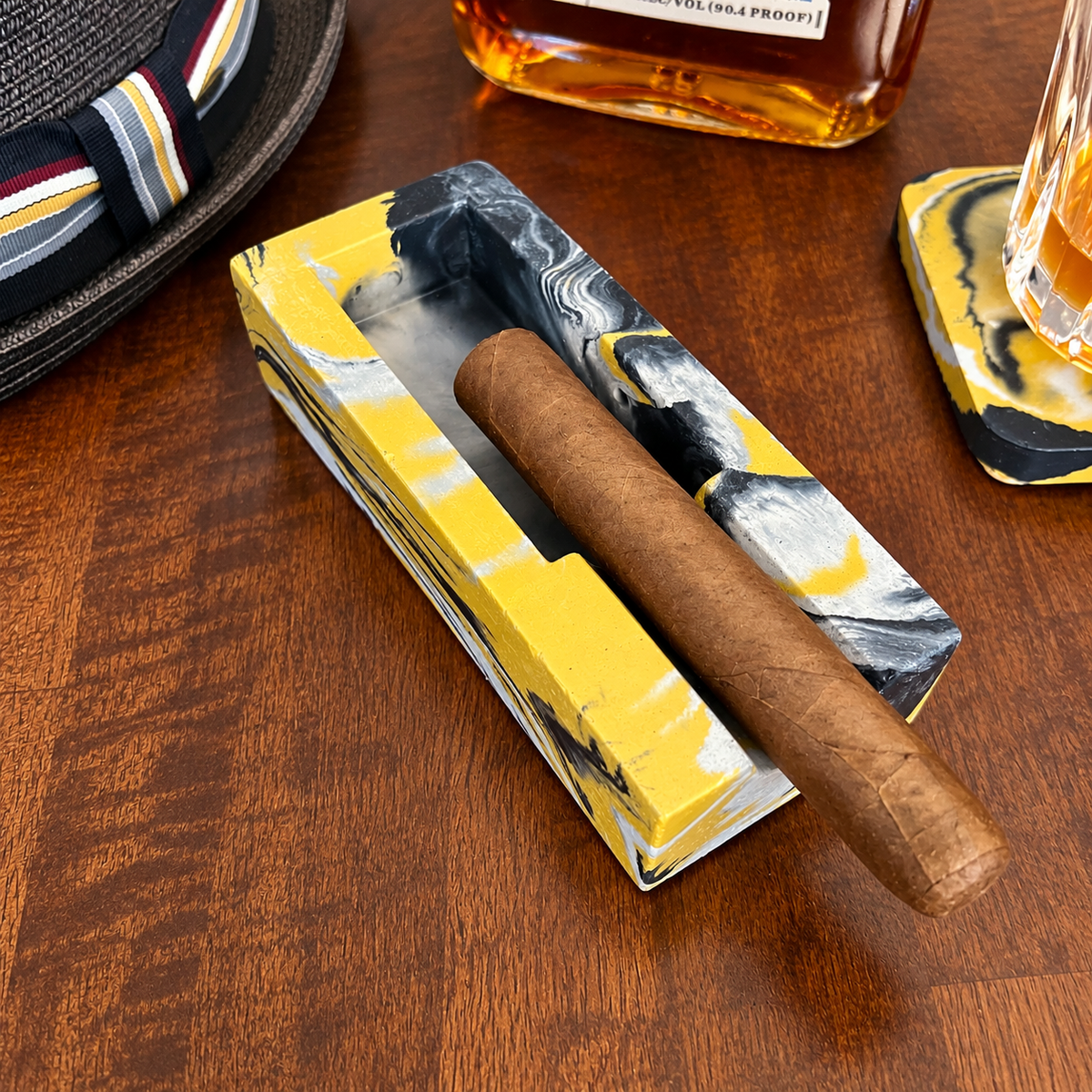 Yellow Marbled Concrete Single Cigar Ashtray