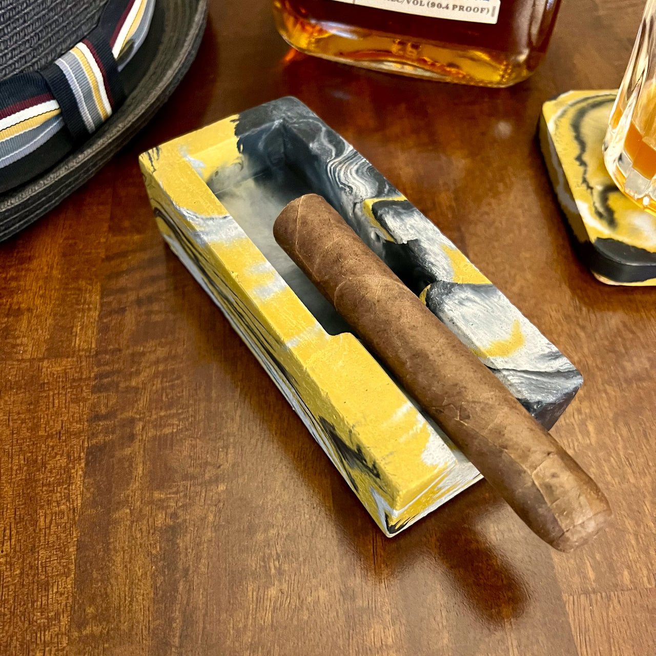 Yellow Marbled Concrete Single Cigar Ashtray