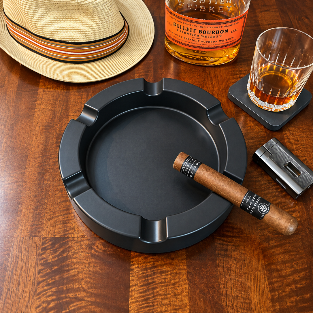 Solid Black Round Large Concrete Cigar Ashtray
