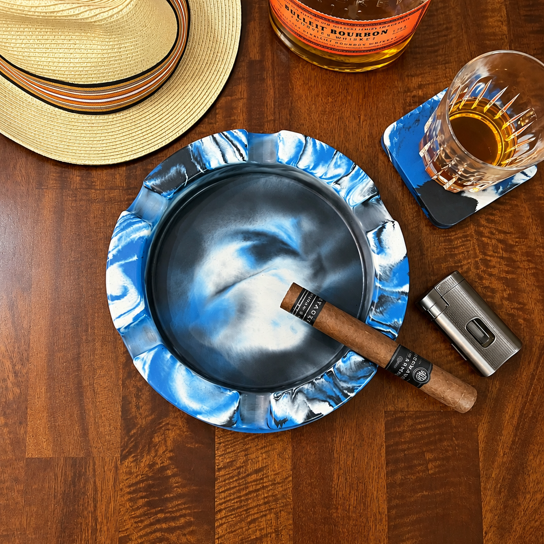 Blue Marbled Round Large Concrete Cigar Ashtray