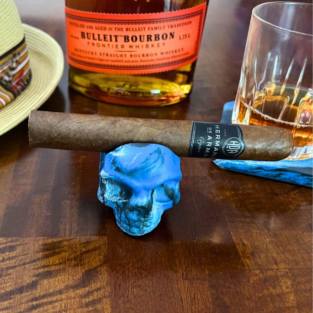 Blue Marbled Concrete Skull Cigar Rest - Handmade