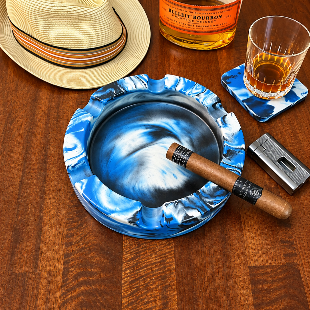 Blue Marbled Round Large Concrete Cigar Ashtray