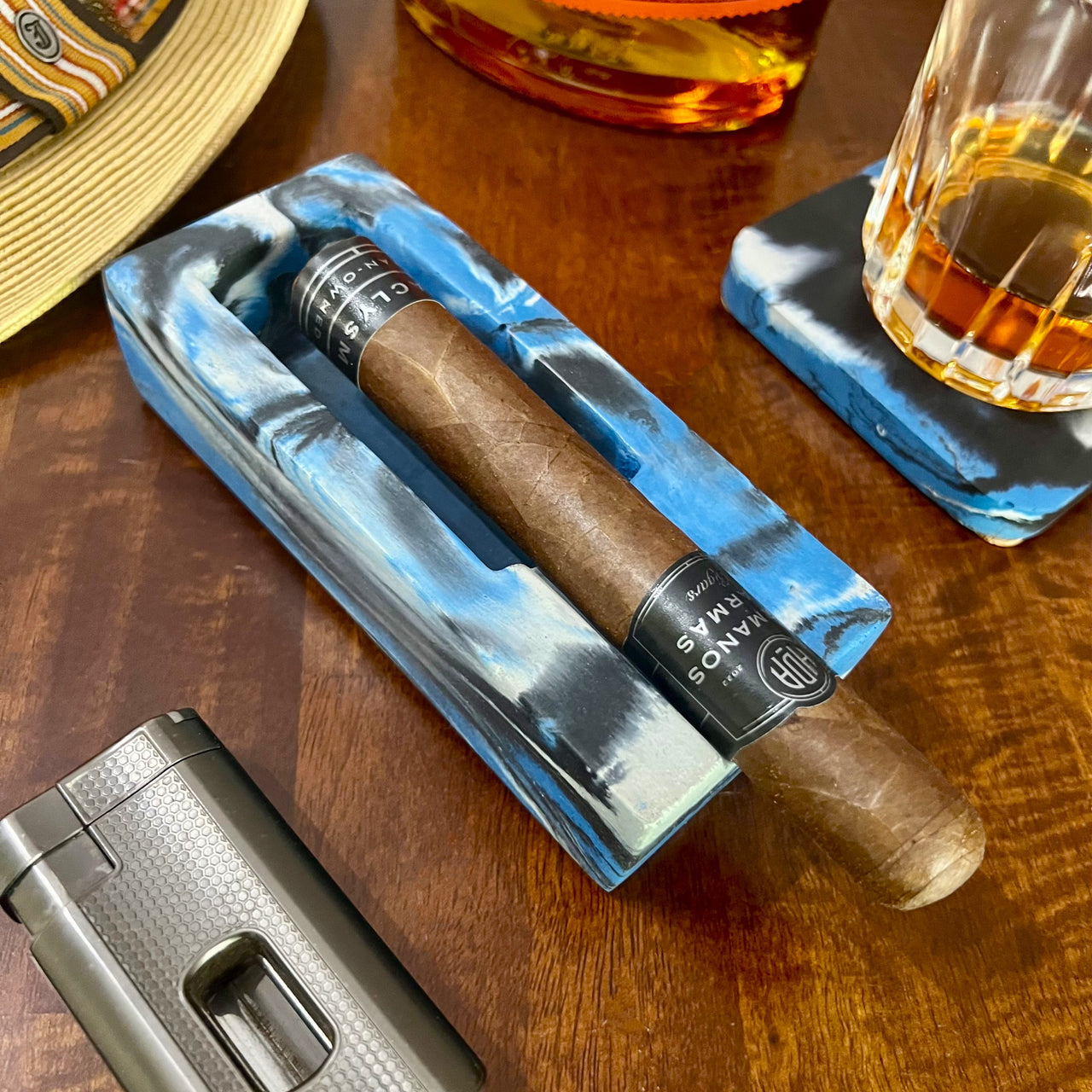 Blue Marbled Single Cigar Ashtray and Coaster Set