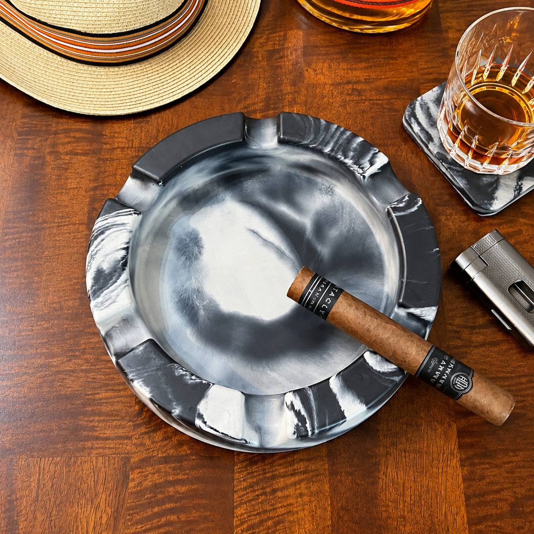 Black and White Marbled Round Large Concrete Cigar Ashtray