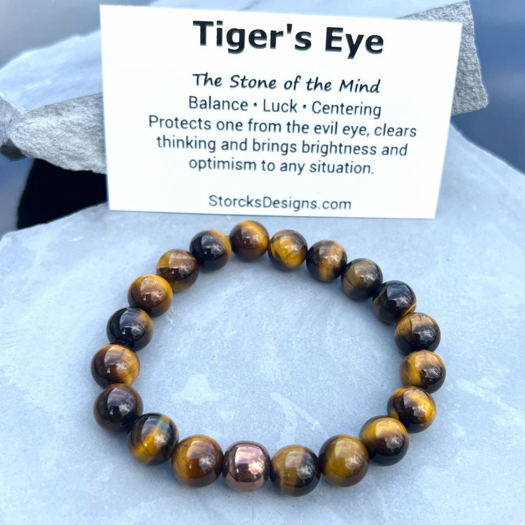 10mm Brown Tiger's Eye Beaded Bracelet with Hematite Accent Bead