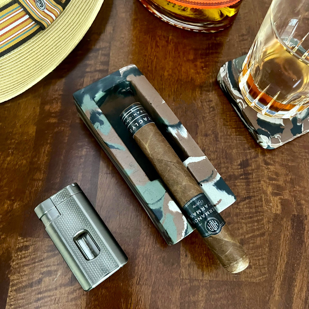 Camouflage Marbled Single Cigar Ashtray and Coaster Set