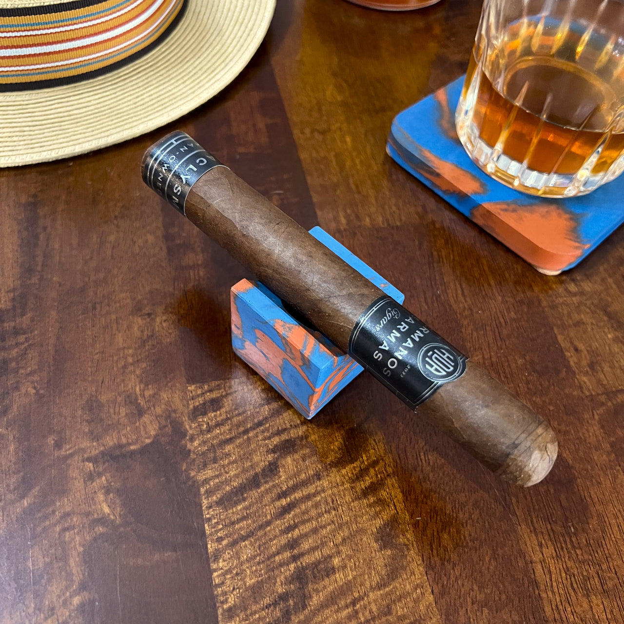 Concrete Portable Travel Cigar Rest in Blue & Orange Marbled