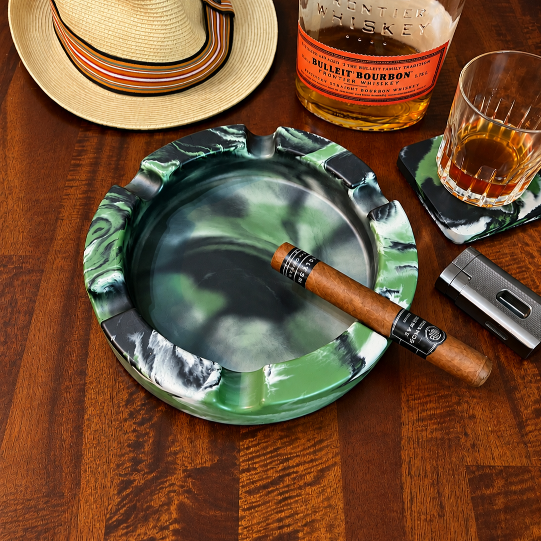 Green Marbled Round Large Concrete Cigar Ashtray