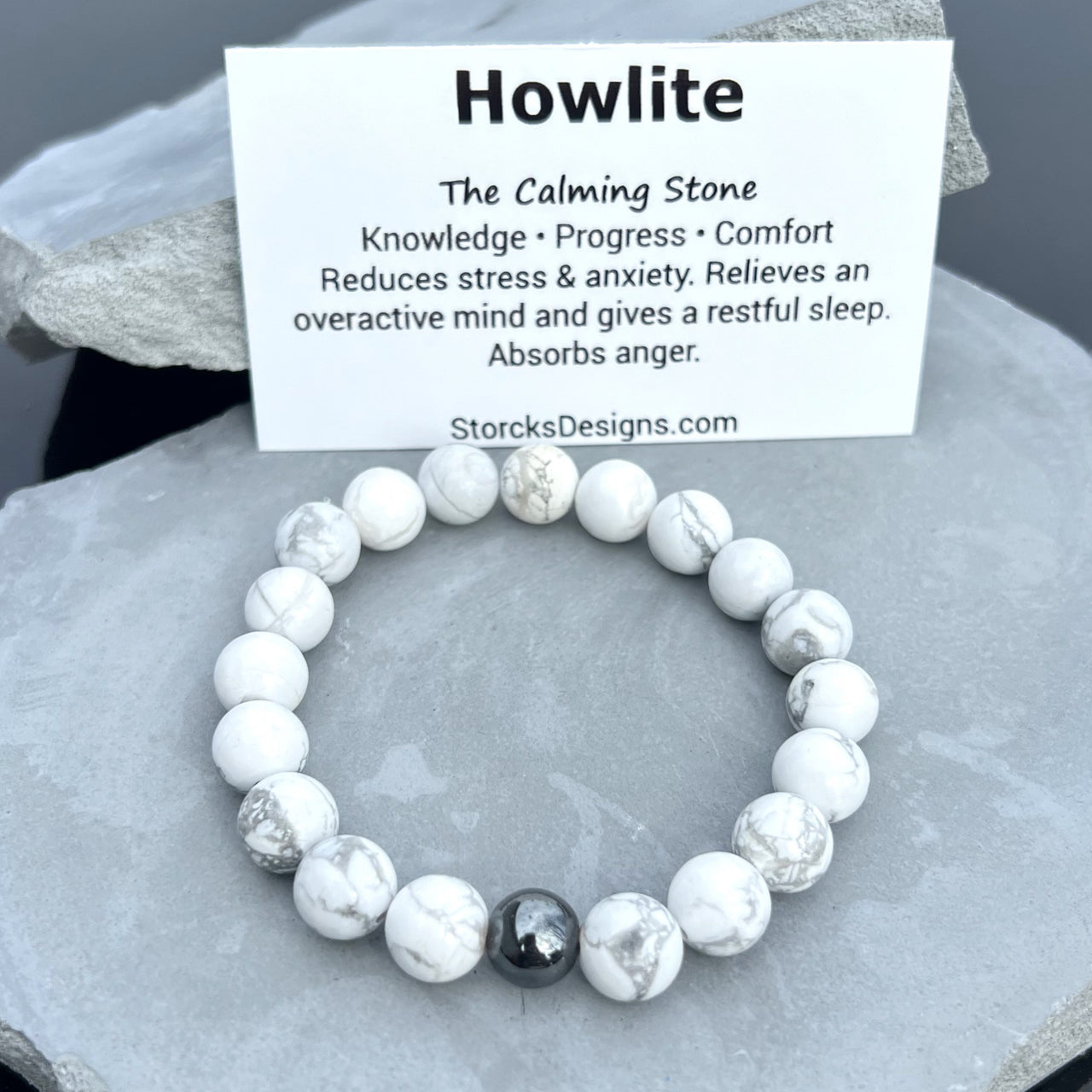 10mm Howlite Beaded Bracelet with Hematite Accent Bead