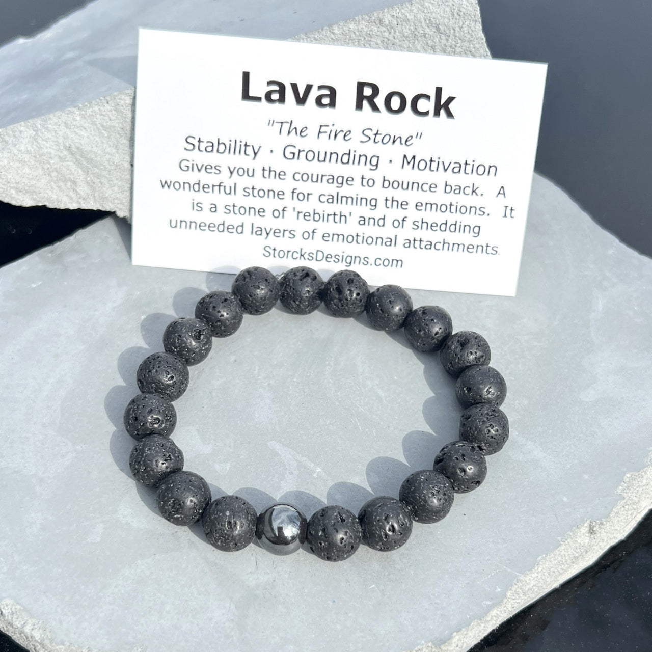 10mm Lava Rock Beaded Bracelet with Hematite Accent Bead