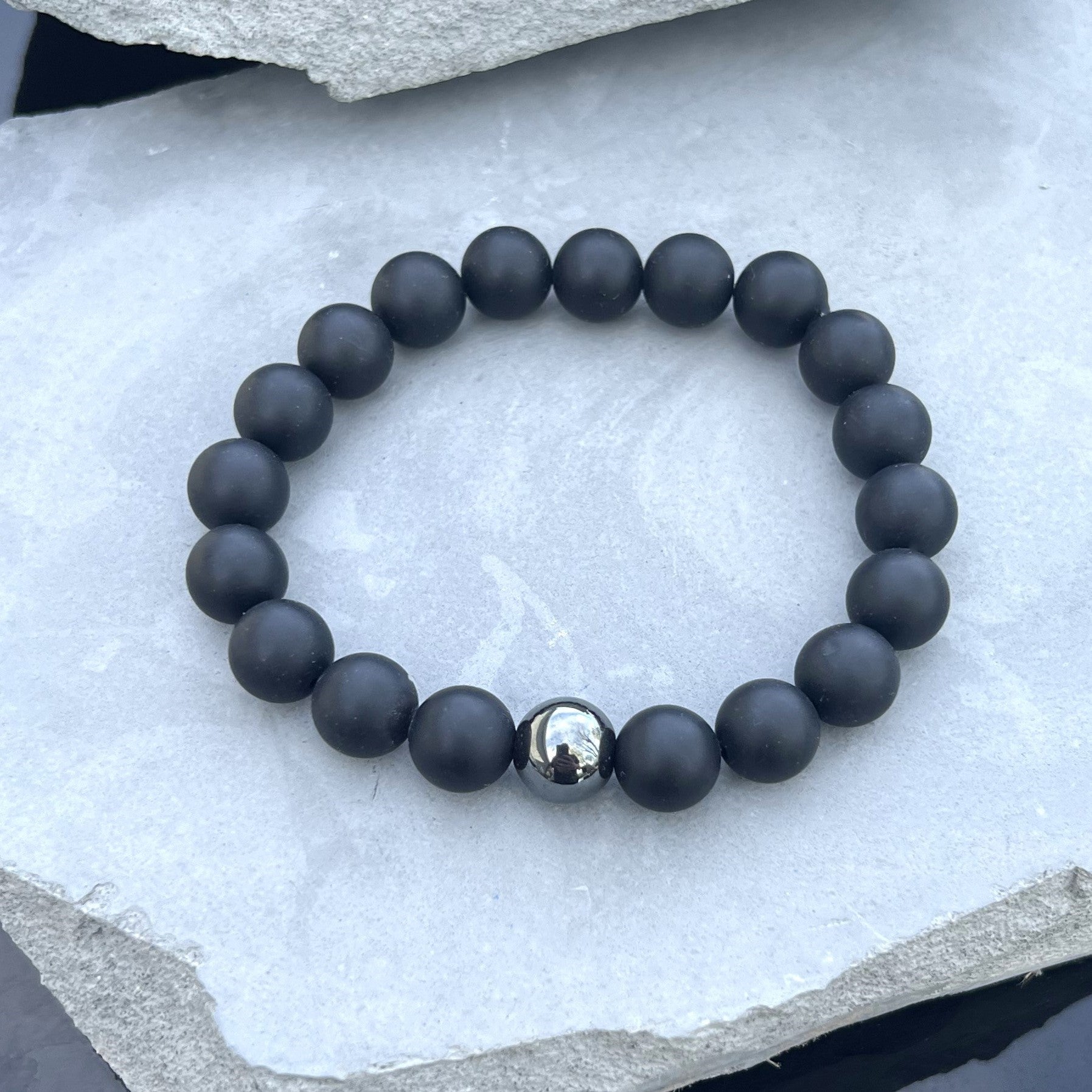 Matte Onyx 10mm Stone Beaded Bracelet with Hematite Accent Bead