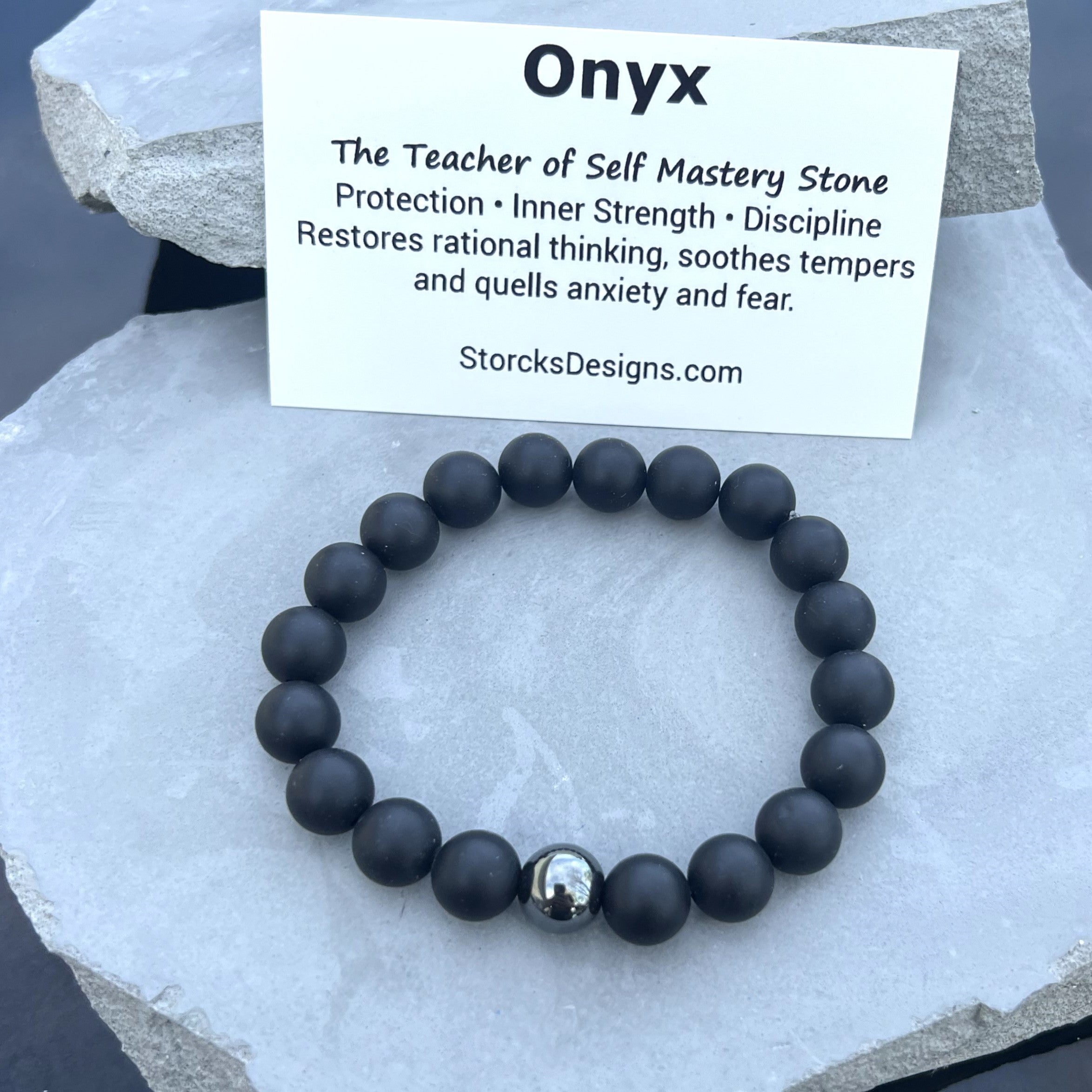 Matte Onyx 10mm Stone Beaded Bracelet with Hematite Accent Bead