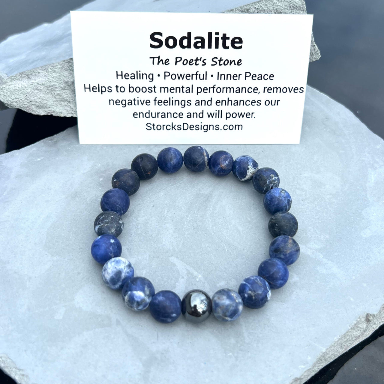 10mm Sodalite Beaded Bracelet with Hematite Accent Bead