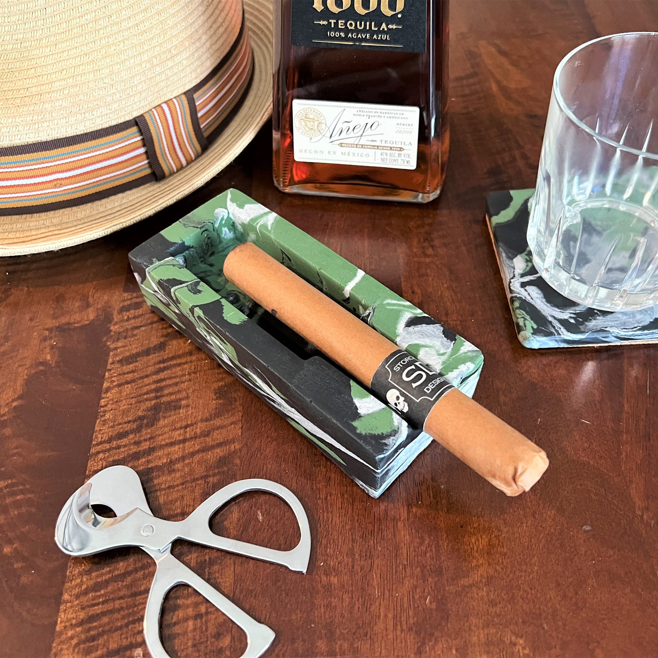 Green Marbled Concrete Single Cigar Ashtray