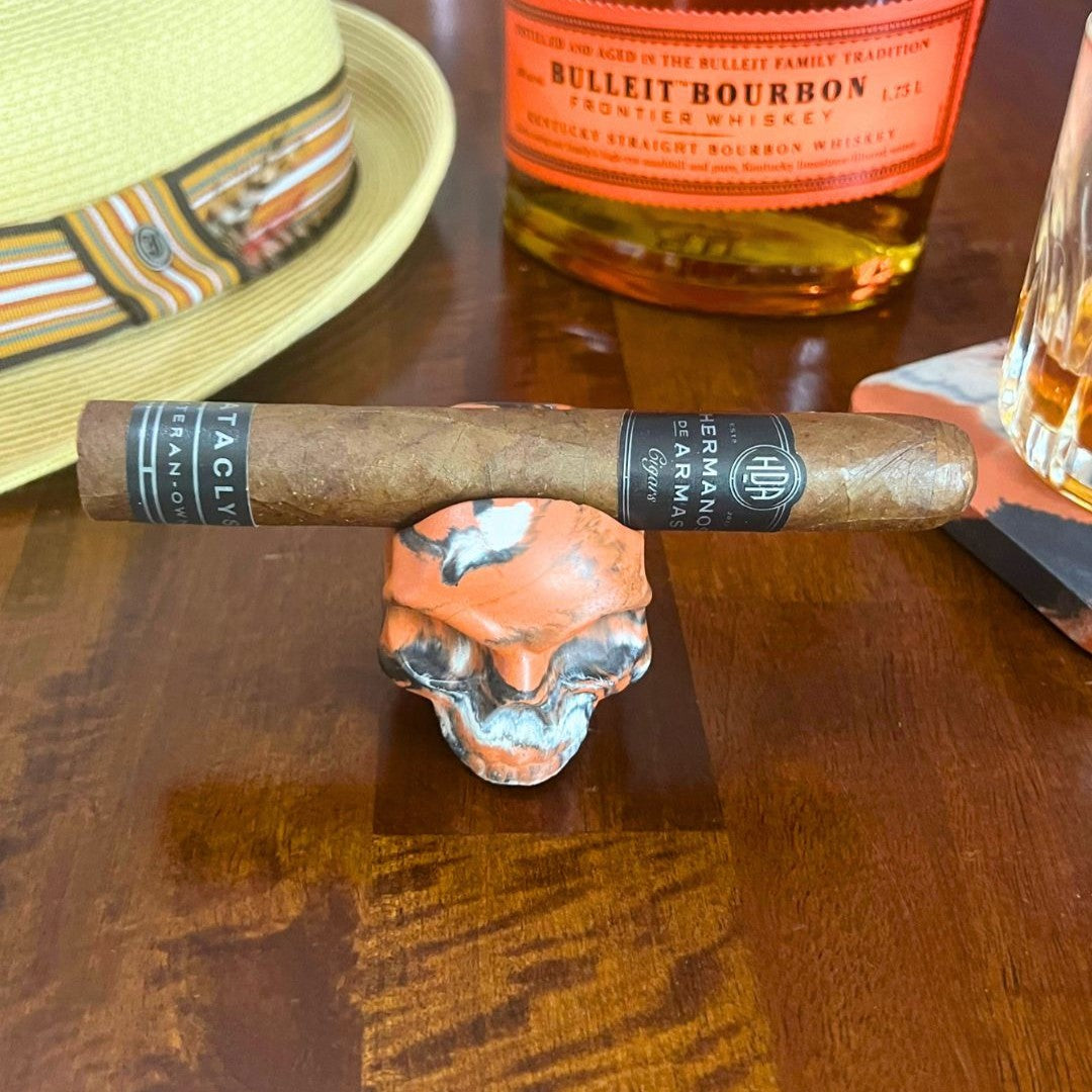 Terracotta Marbled Concrete Skull Cigar Rest - Handmade