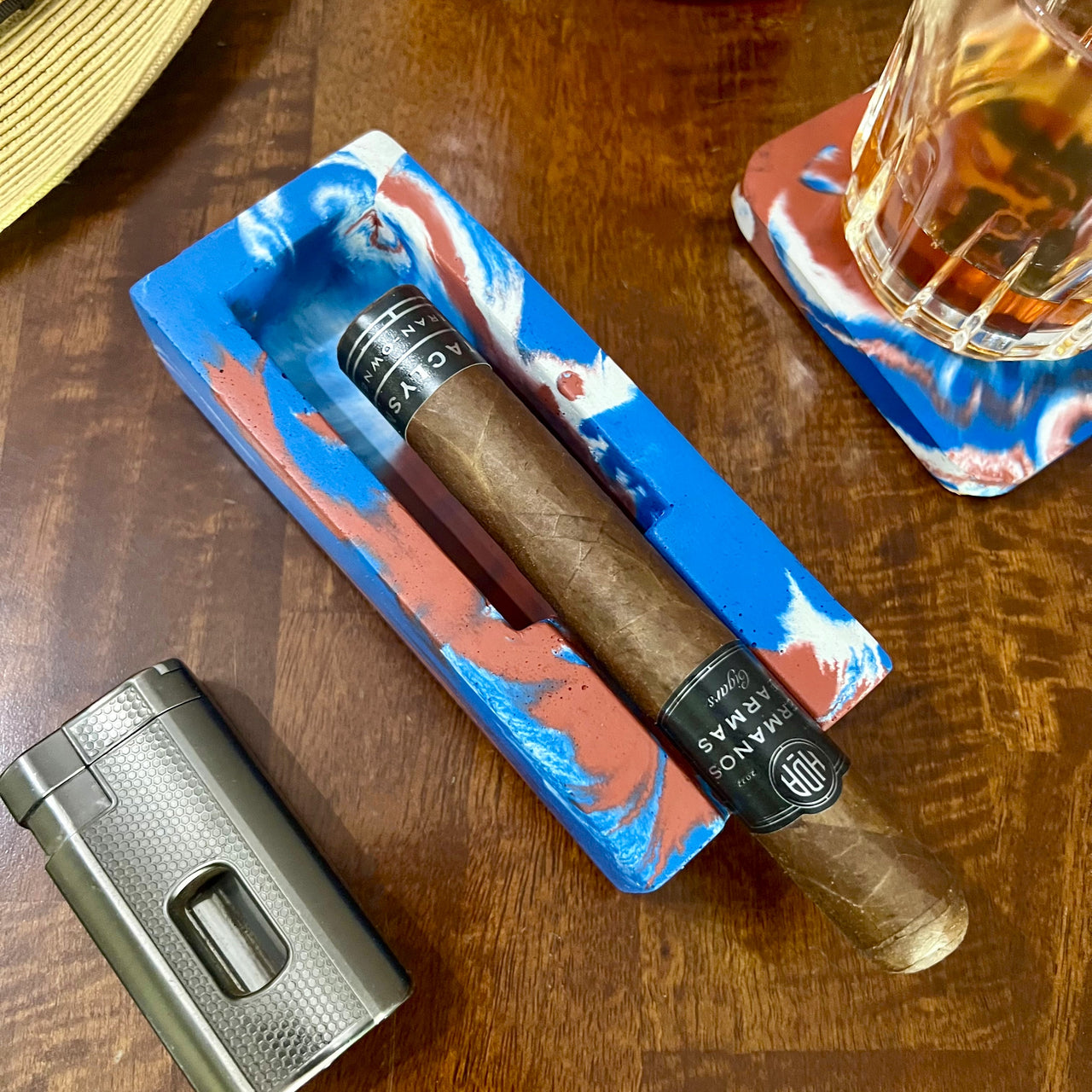 Red, White and Blue (USA) Marbled Single Cigar Ashtray and Coaster Set