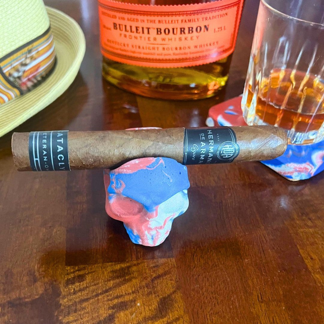 USA Red, White and Blue Marbled Concrete Skull Cigar Rest - Handmade