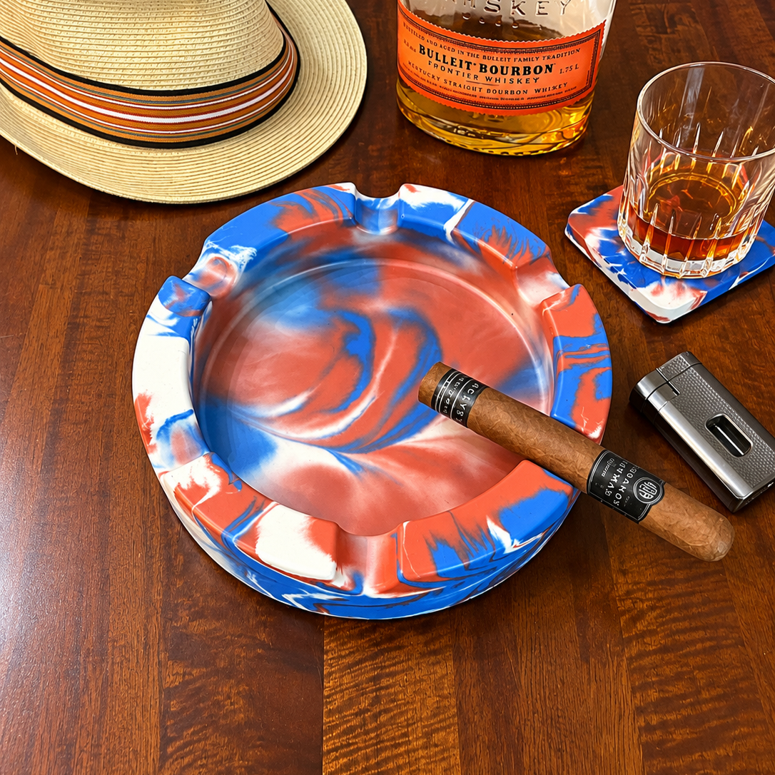 Red, Blue & White Marbled (USA) Round Large Concrete Cigar Ashtray