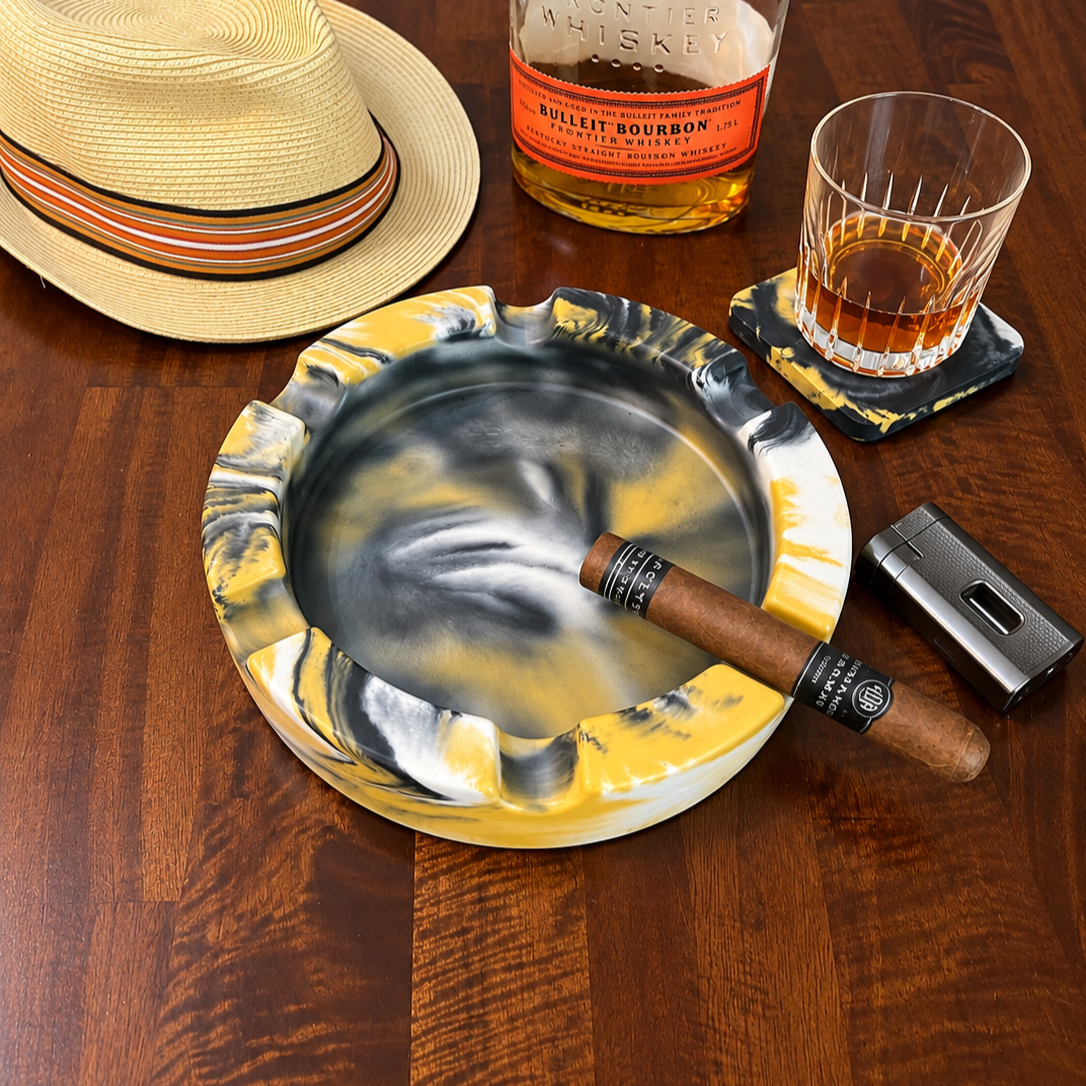 Yellow Marbled Round Large Concrete Cigar Ashtray