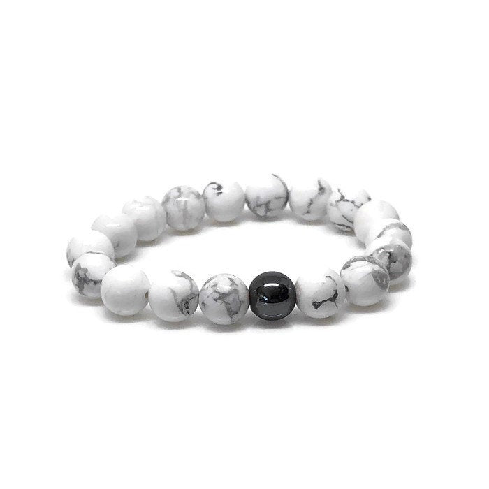 10mm Howlite Beaded Bracelet with Hematite Accent Bead